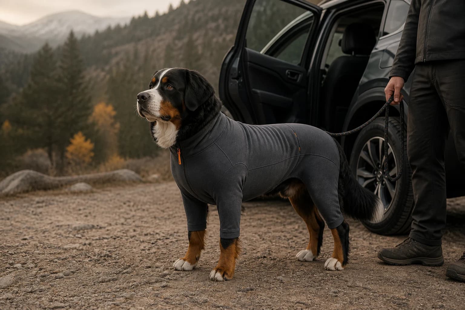 Bernese Mountain Dog in the graphite Road Layer at a trailhead