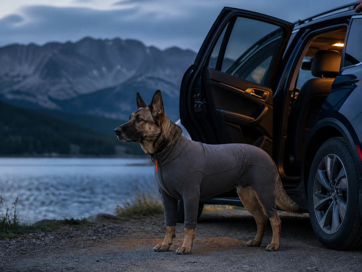 German Shepherd beside a lakeside vehicle in the graphite Road Layer
