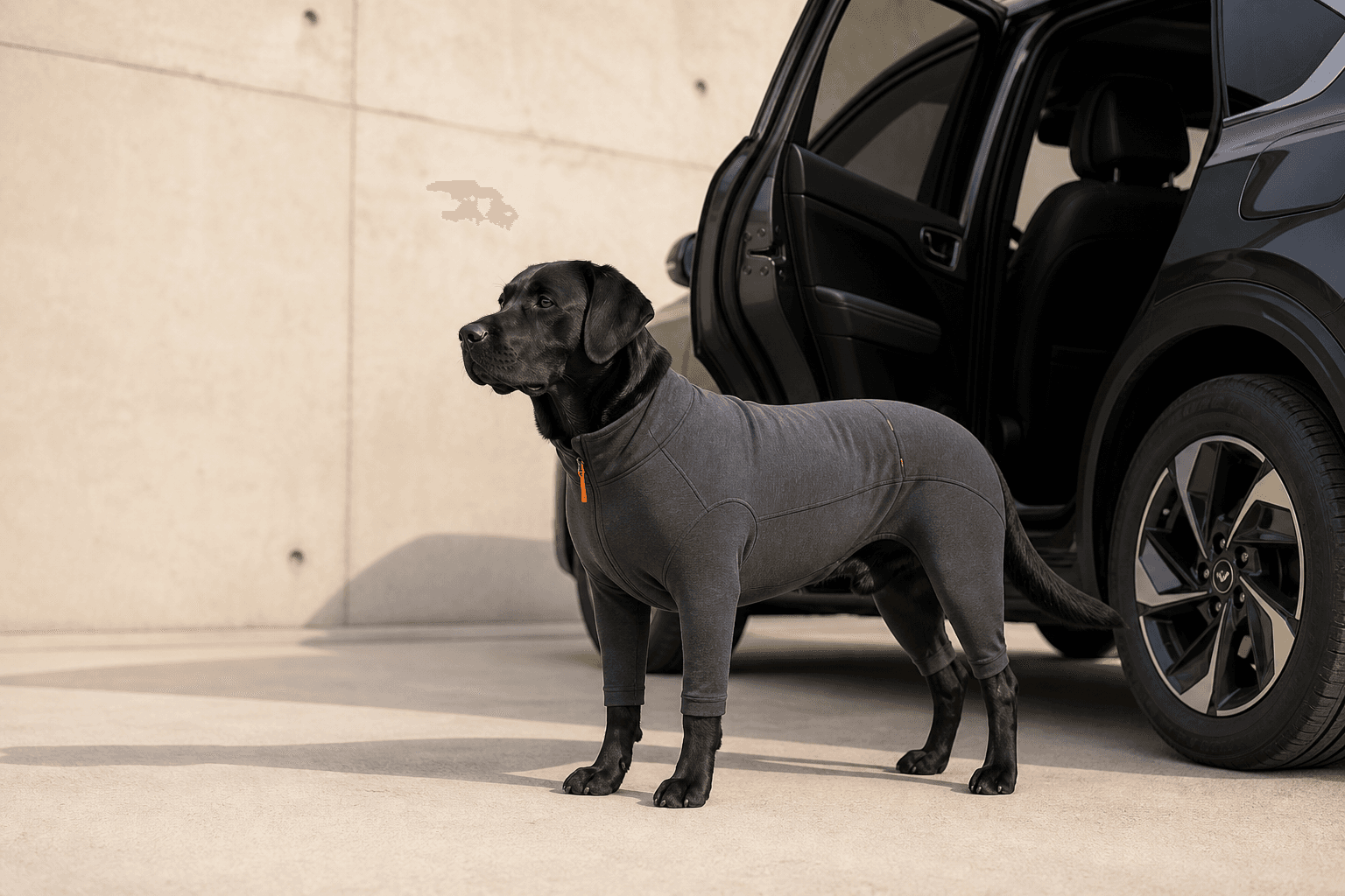 Black Labrador wearing the graphite Road Layer beside an SUV