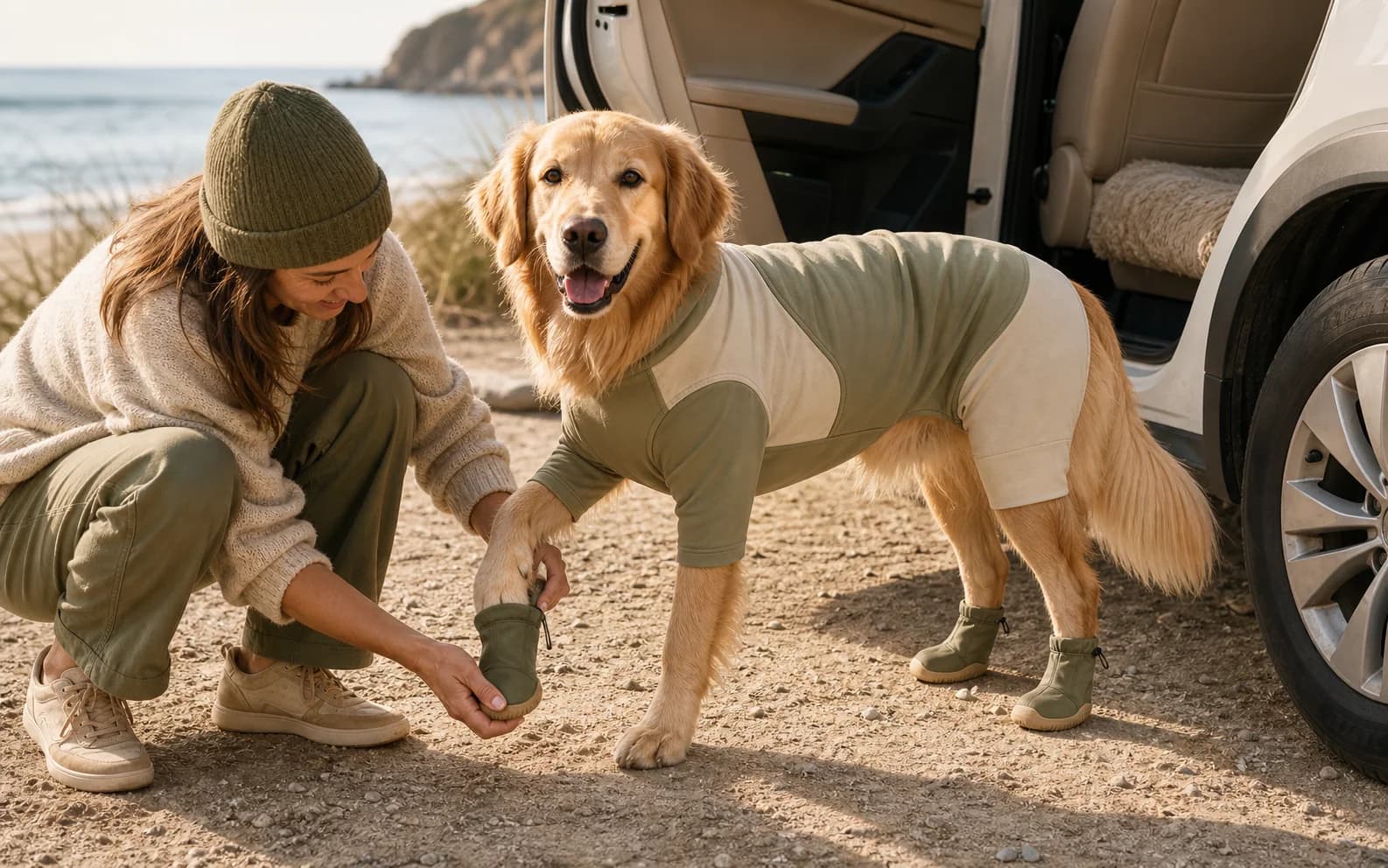 Owner gently guiding a Golden Retriever paw into a wide-opening boot beside an open vehicle at the beach