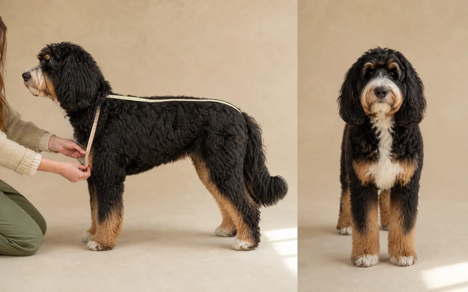 The same Bernedoodle shown in side and front standing views while chest girth and back length are measured