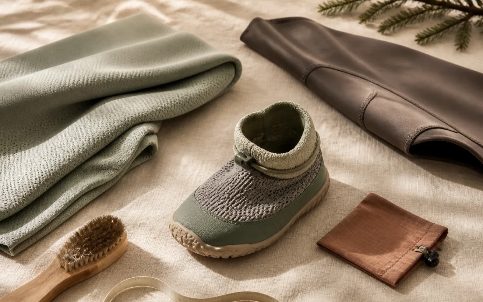 Airy sage knit, smooth cocoa stretch panel, breathable dog boot and small clay ripstop gaiter arranged on oat linen