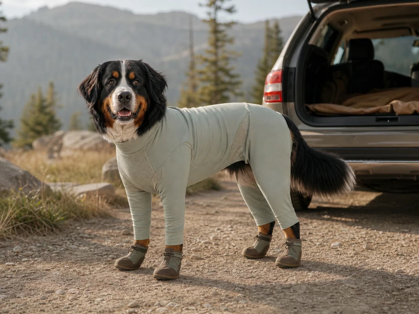 Bernese Mountain Dog in a sage full-coverage Road One layer with separate boots at a mountain trailhead